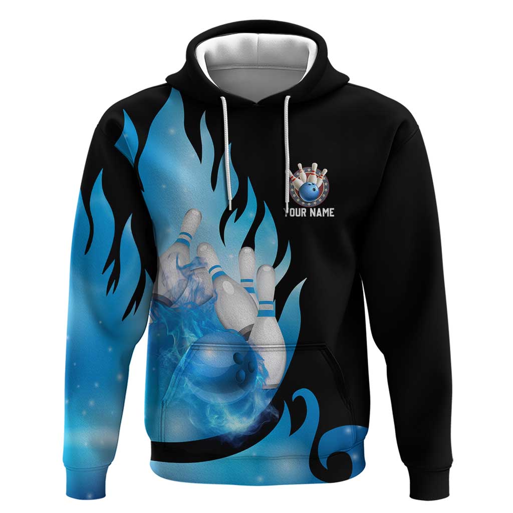 Blue Flame Bowling Ball and Pins Design Hoodie with Smoke Effects and Custom Team Name Text TS04
