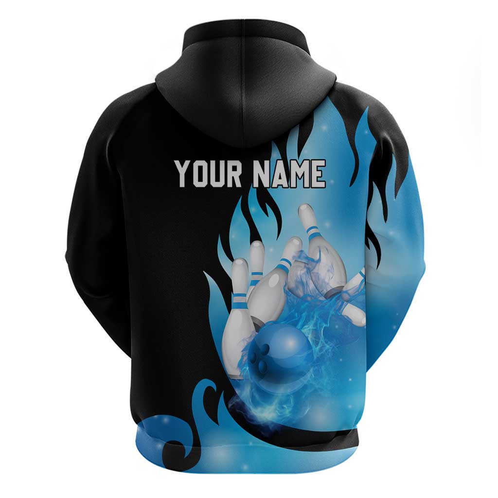 Blue Flame Bowling Ball and Pins Design Hoodie with Smoke Effects and Custom Team Name Text TS04