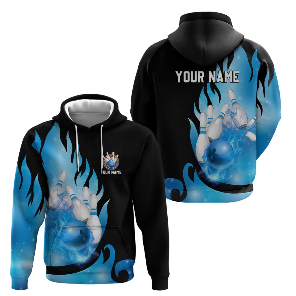 Blue Flame Bowling Ball and Pins Design Hoodie with Smoke Effects and Custom Team Name Text TS04