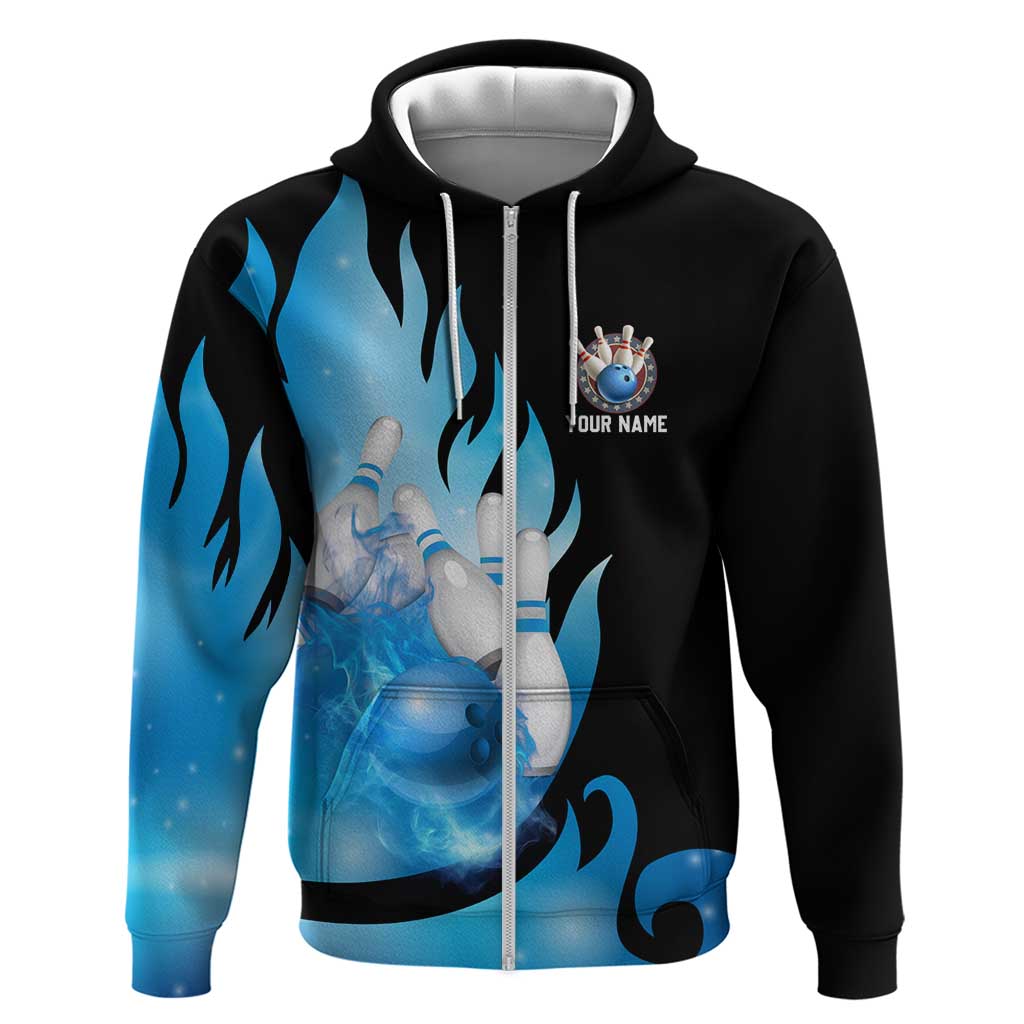 Blue Flame Bowling Ball and Pins Design Hoodie with Smoke Effects and Custom Team Name Text TS04