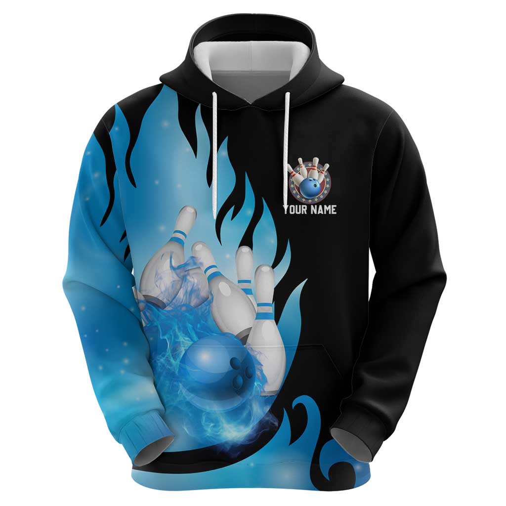 Blue Flame Bowling Ball and Pins Design Hoodie with Smoke Effects and Custom Team Name Text TS04
