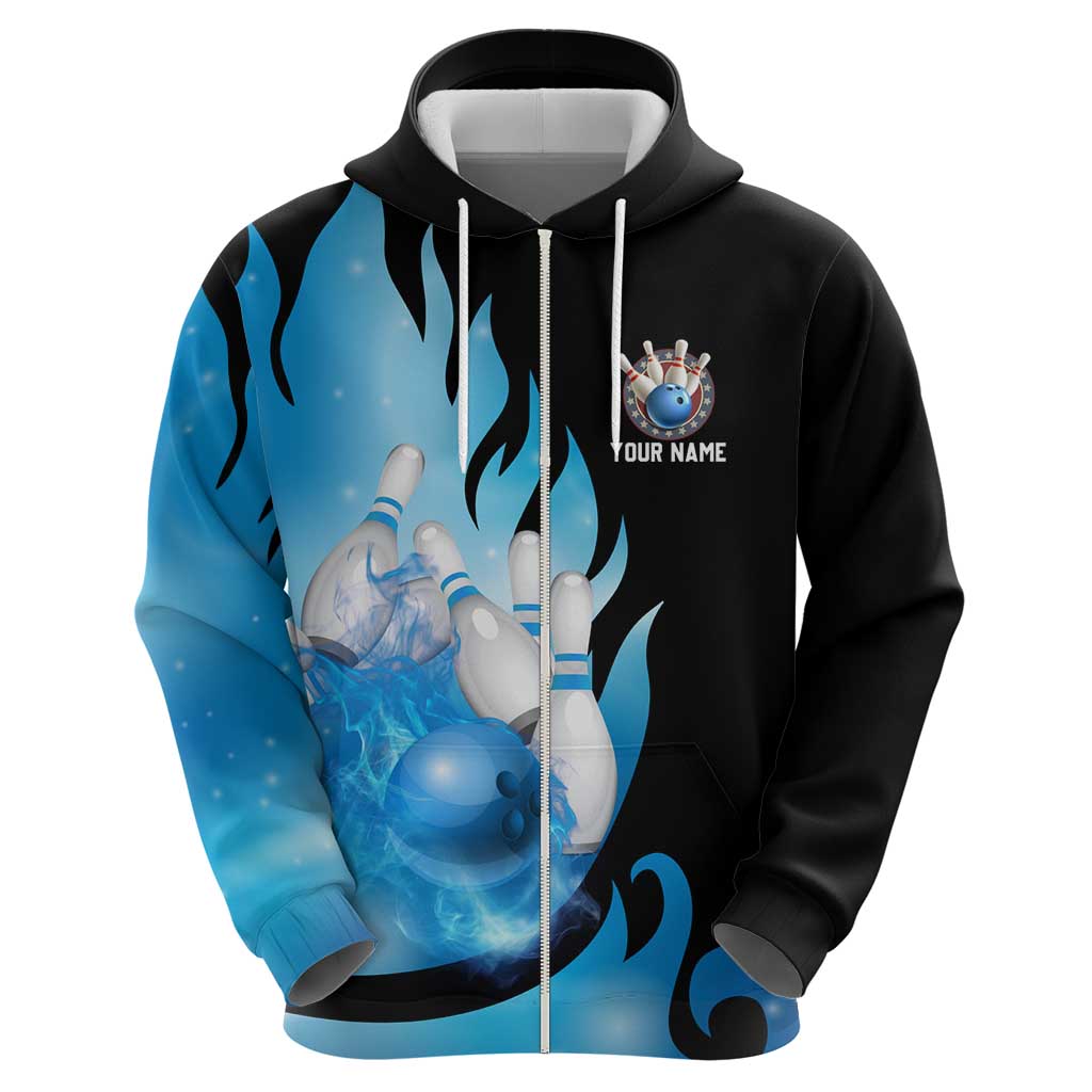 Blue Flame Bowling Ball and Pins Design Hoodie with Smoke Effects and Custom Team Name Text TS04