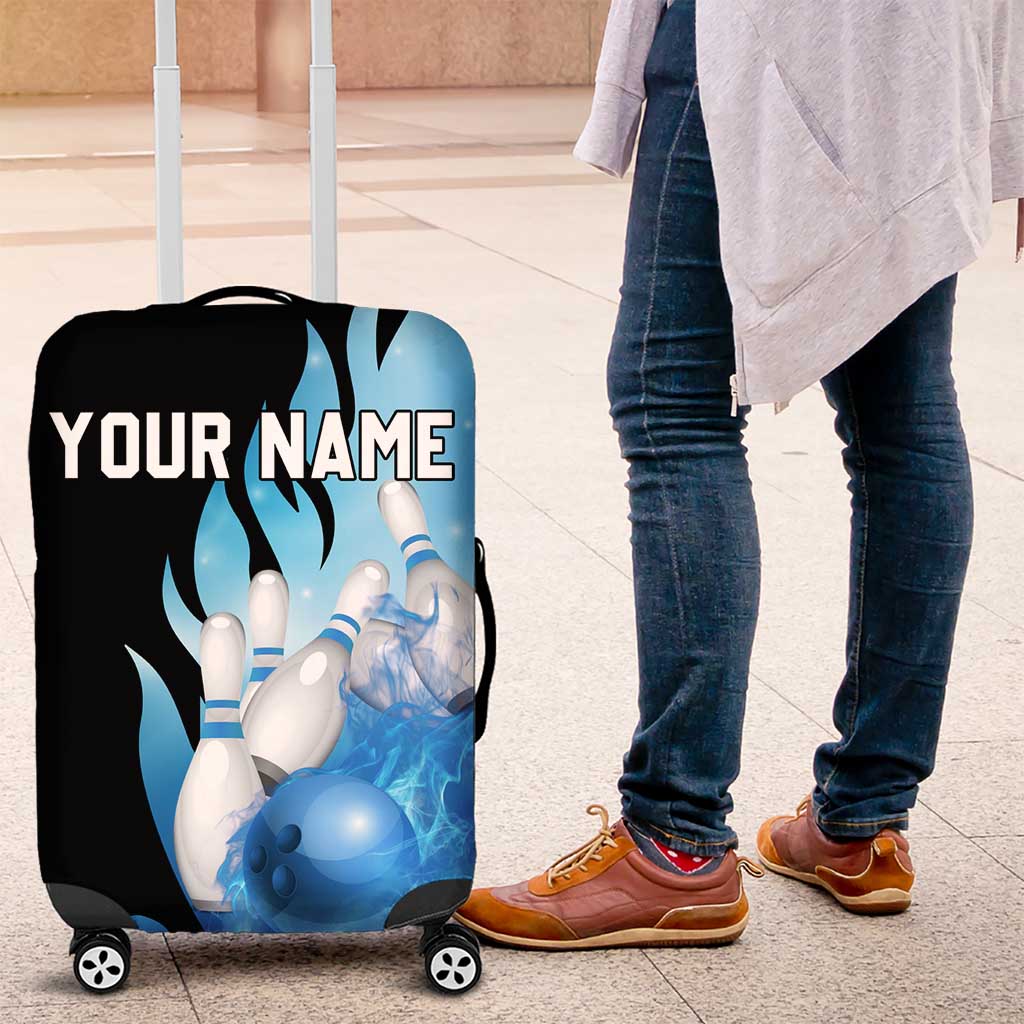 Blue Flame Bowling Ball and Pins Design Luggage Cover with Smoke Effects and Custom Team Name Text TS04