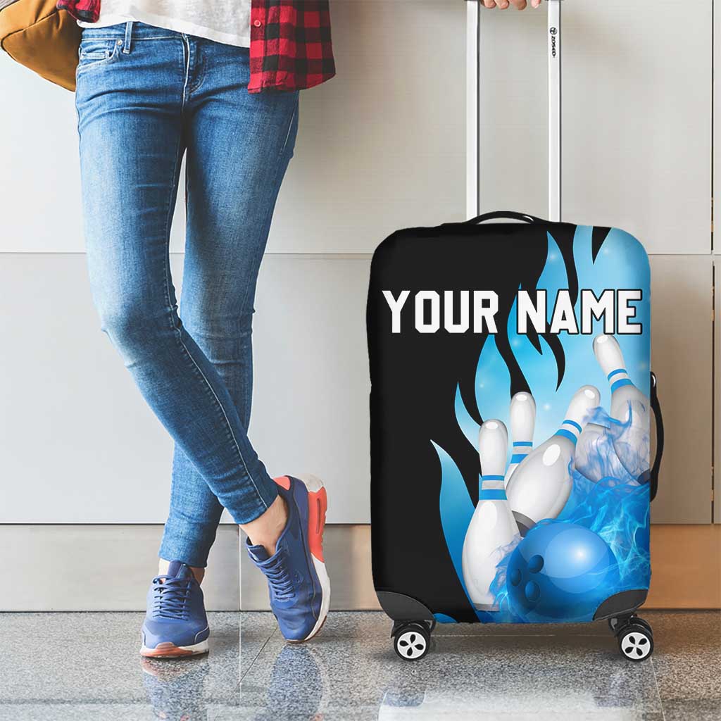 Blue Flame Bowling Ball and Pins Design Luggage Cover with Smoke Effects and Custom Team Name Text TS04