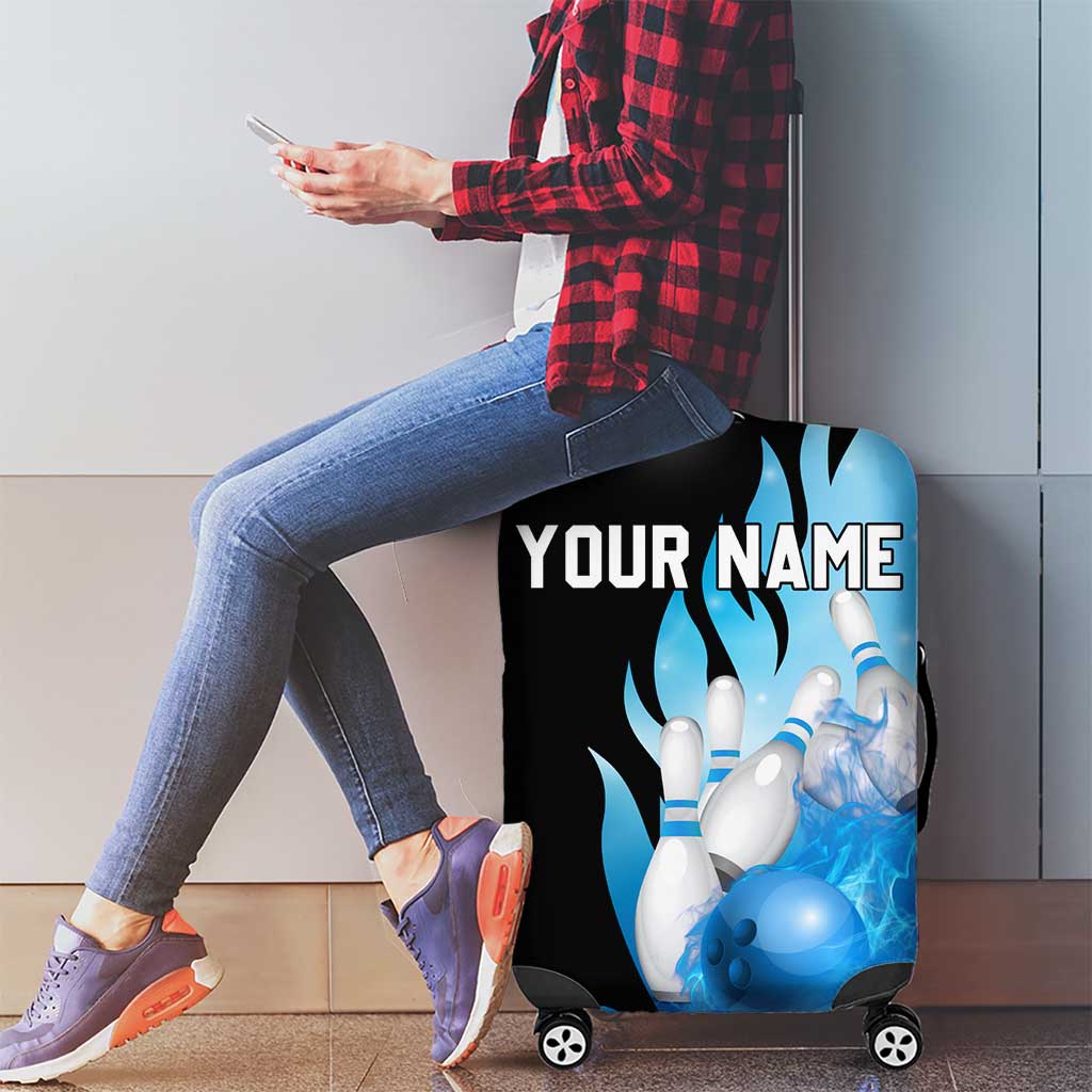 Blue Flame Bowling Ball and Pins Design Luggage Cover with Smoke Effects and Custom Team Name Text TS04