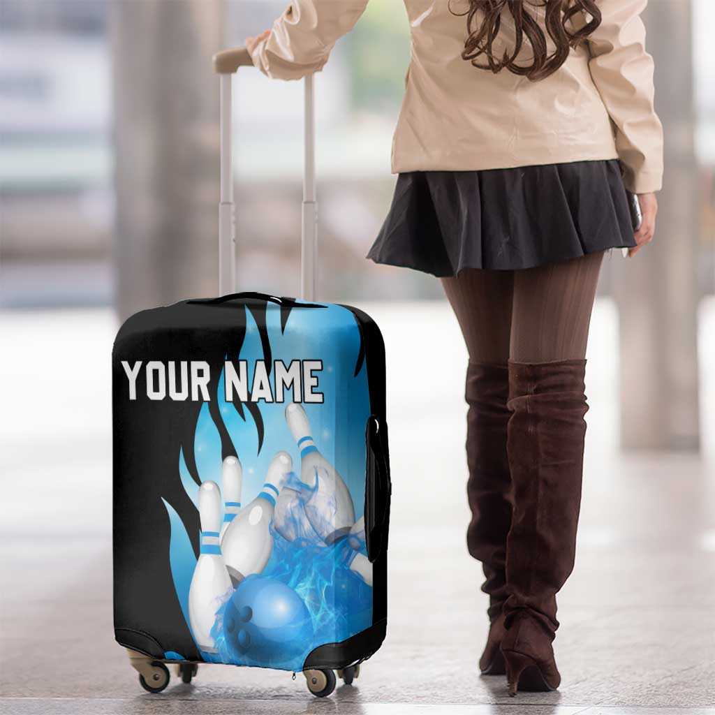 Blue Flame Bowling Ball and Pins Design Luggage Cover with Smoke Effects and Custom Team Name Text TS04