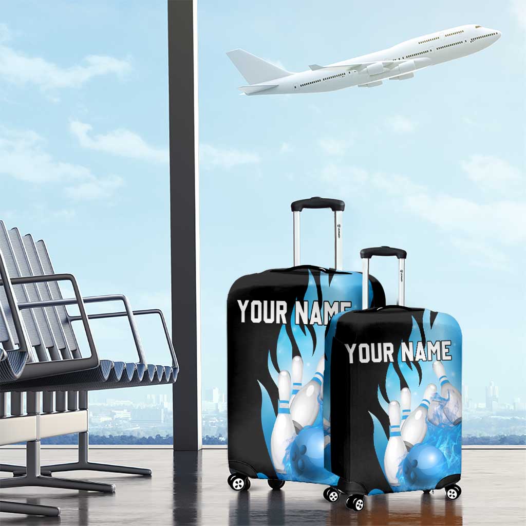 Blue Flame Bowling Ball and Pins Design Luggage Cover with Smoke Effects and Custom Team Name Text TS04