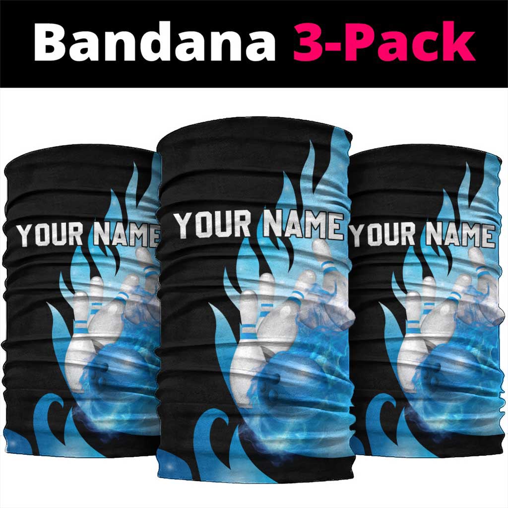 Blue Flame Bowling Ball and Pins Design Neck Gaiter with Smoke Effects and Custom Team Name Text TS04