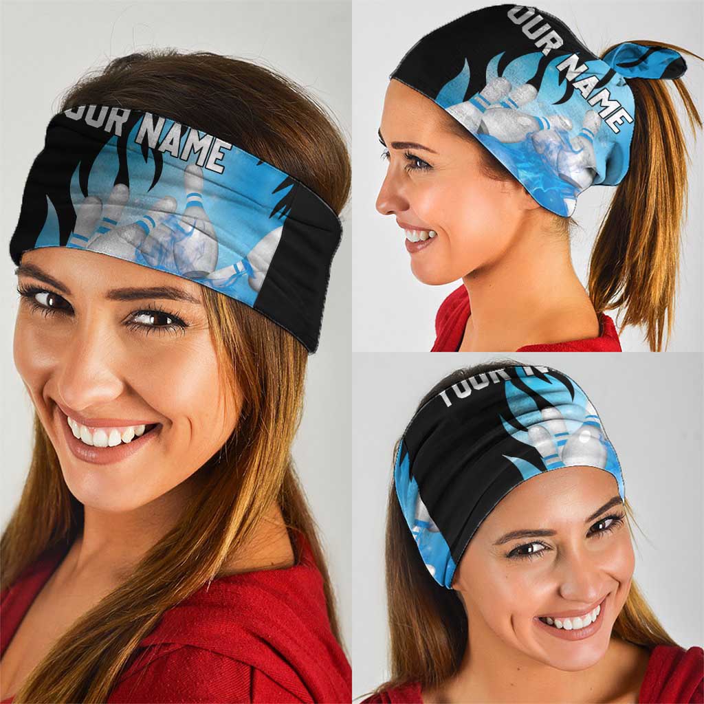 Blue Flame Bowling Ball and Pins Design Neck Gaiter with Smoke Effects and Custom Team Name Text TS04