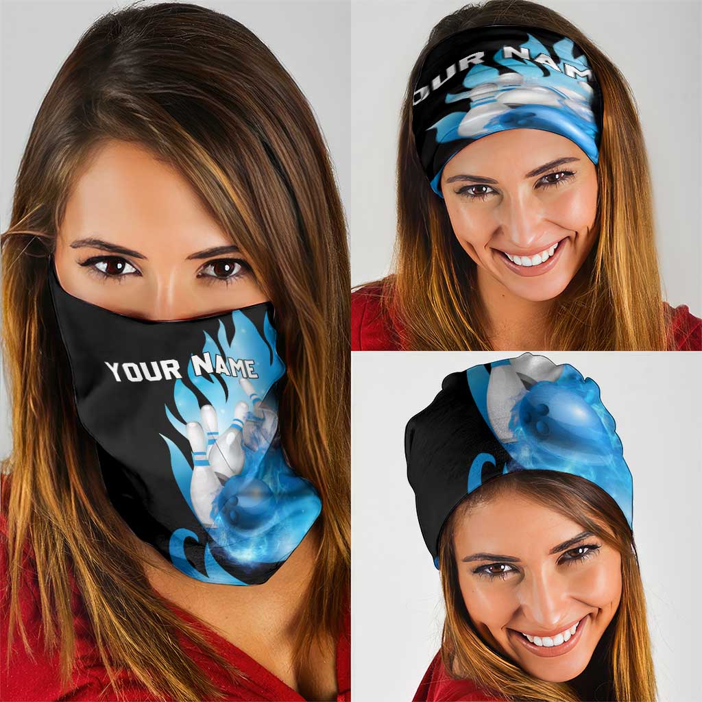 Blue Flame Bowling Ball and Pins Design Neck Gaiter with Smoke Effects and Custom Team Name Text TS04
