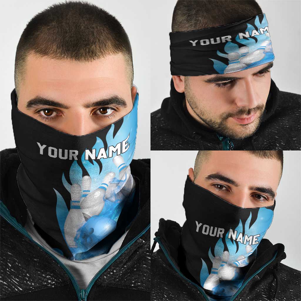 Blue Flame Bowling Ball and Pins Design Neck Gaiter with Smoke Effects and Custom Team Name Text TS04