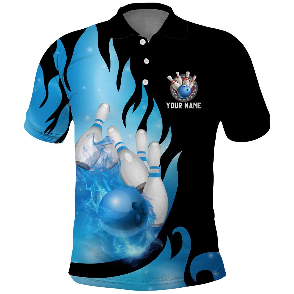 Blue Flame Bowling Ball and Pins Design Polo Shirt with Smoke Effects and Custom Team Name Text TS04