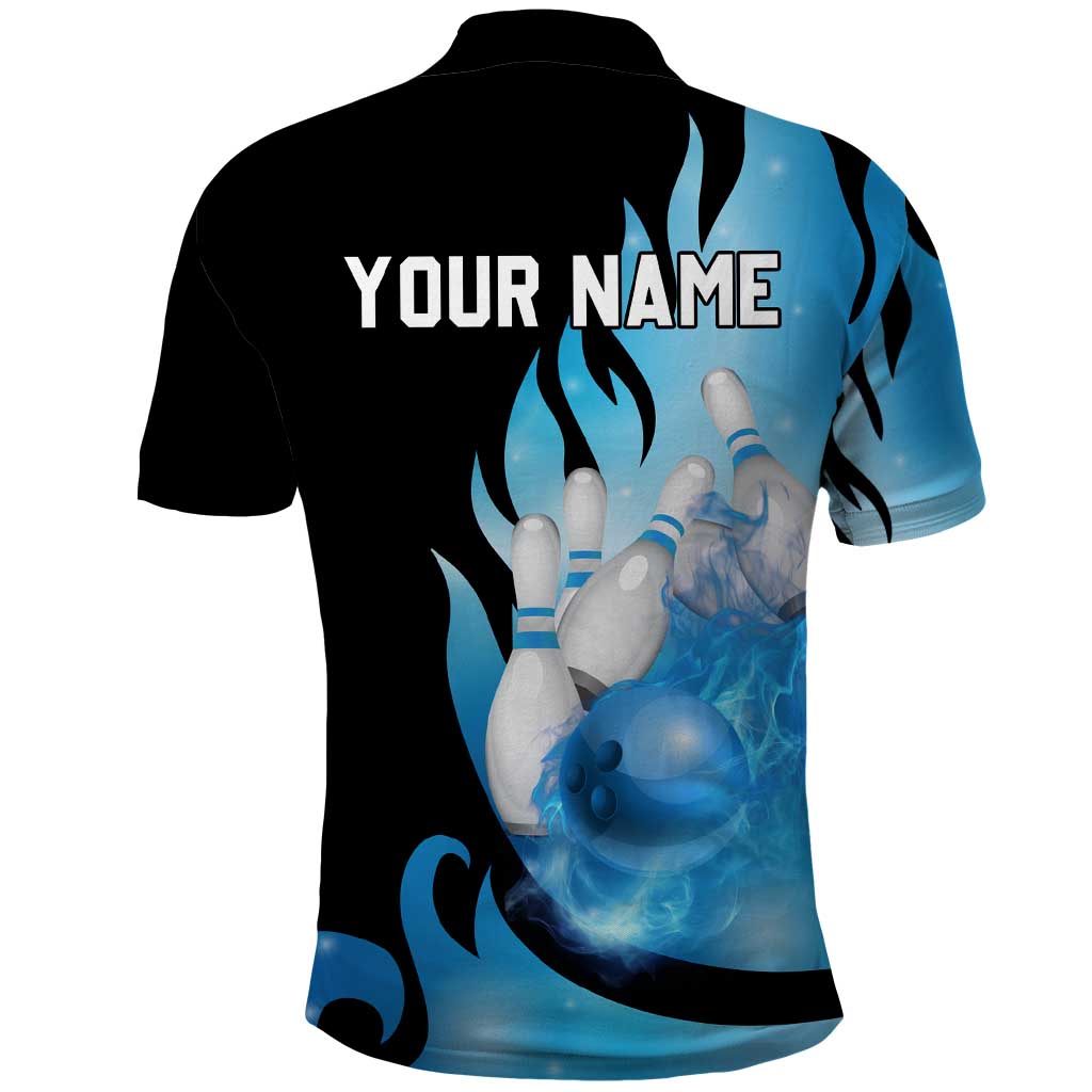 Blue Flame Bowling Ball and Pins Design Polo Shirt with Smoke Effects and Custom Team Name Text TS04