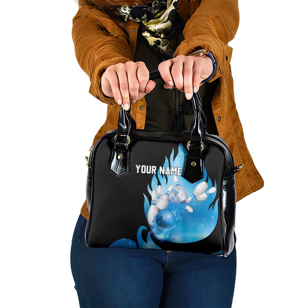 Blue Flame Bowling Ball and Pins Design Shoulder Handbag with Smoke Effects and Custom Team Name Text TS04