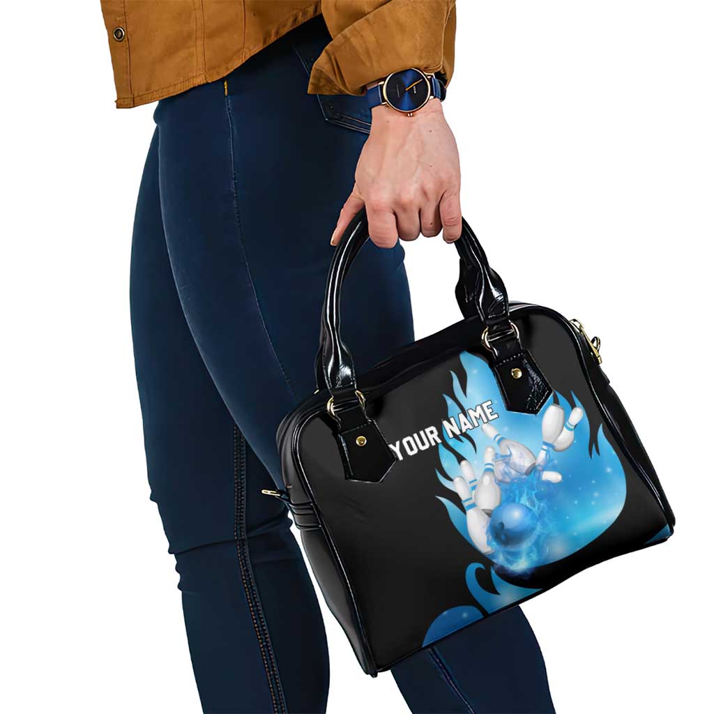 Blue Flame Bowling Ball and Pins Design Shoulder Handbag with Smoke Effects and Custom Team Name Text TS04