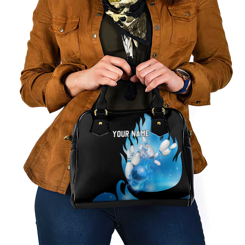 Blue Flame Bowling Ball and Pins Design Shoulder Handbag with Smoke Effects and Custom Team Name Text TS04