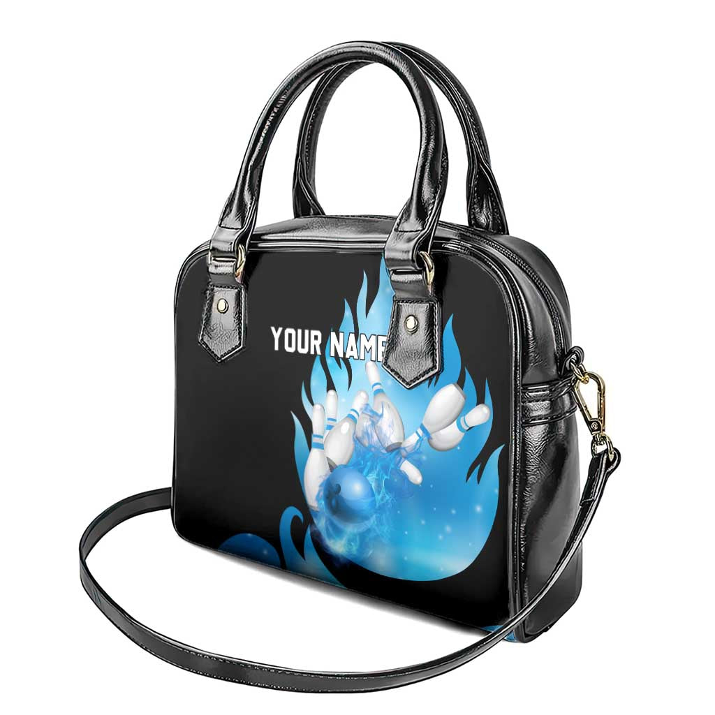 Blue Flame Bowling Ball and Pins Design Shoulder Handbag with Smoke Effects and Custom Team Name Text TS04