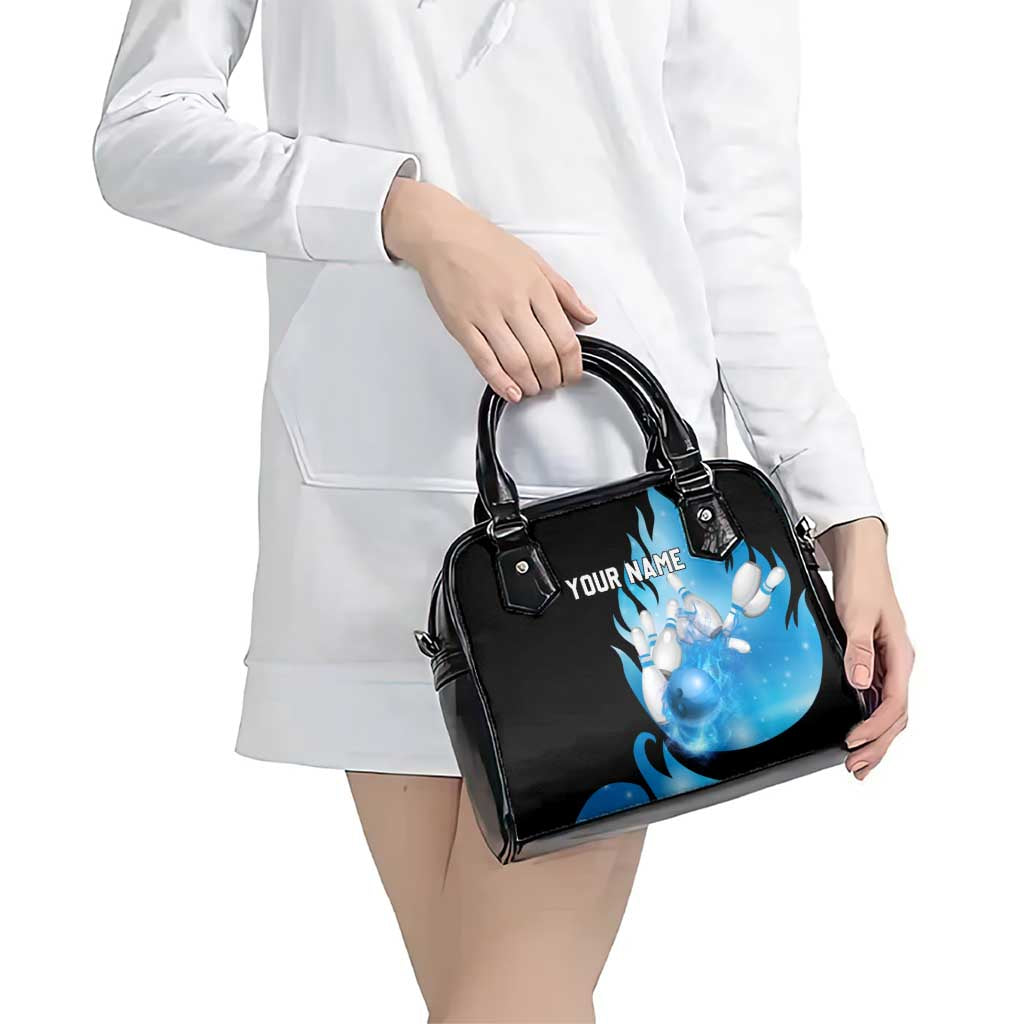 Blue Flame Bowling Ball and Pins Design Shoulder Handbag with Smoke Effects and Custom Team Name Text TS04