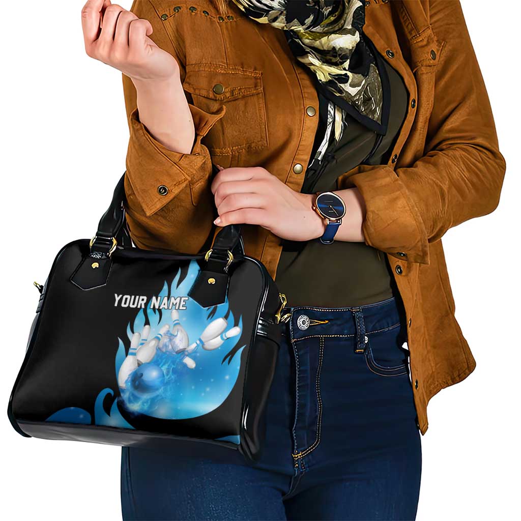 Blue Flame Bowling Ball and Pins Design Shoulder Handbag with Smoke Effects and Custom Team Name Text TS04