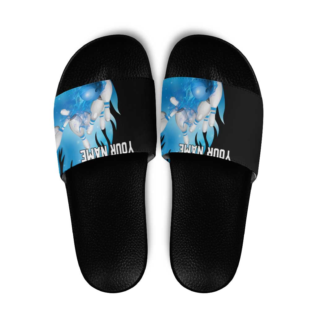 Blue Flame Bowling Ball and Pins Design Slide Sandals with Smoke Effects and Custom Team Name Text TS04