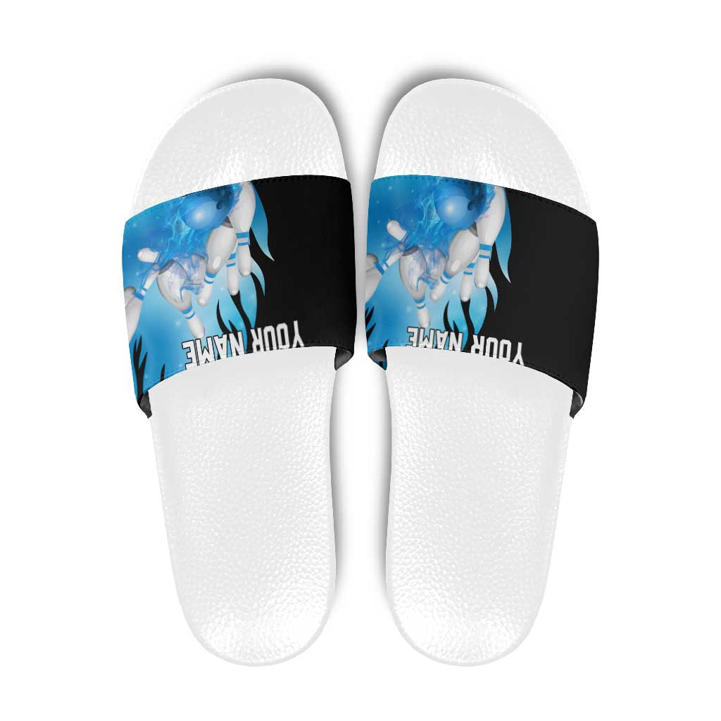 Blue Flame Bowling Ball and Pins Design Slide Sandals with Smoke Effects and Custom Team Name Text TS04