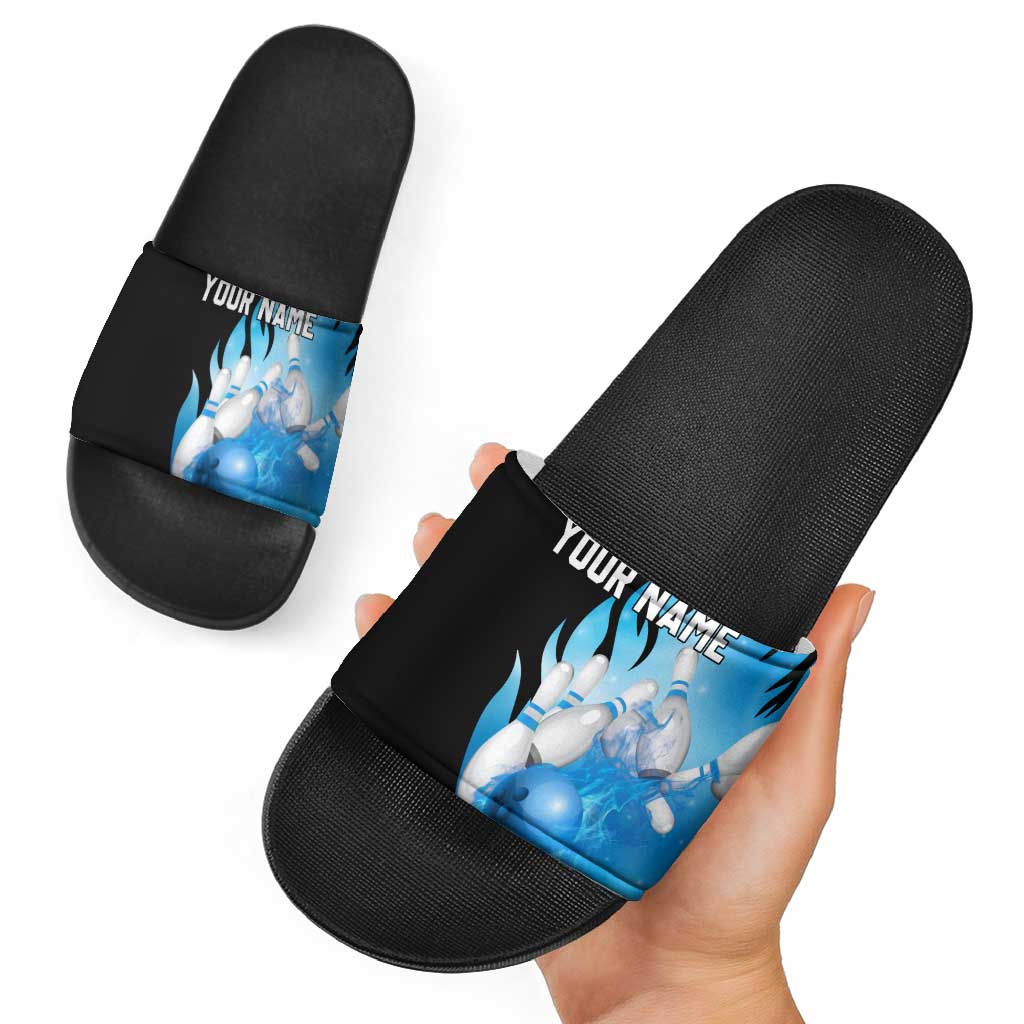 Blue Flame Bowling Ball and Pins Design Slide Sandals with Smoke Effects and Custom Team Name Text TS04