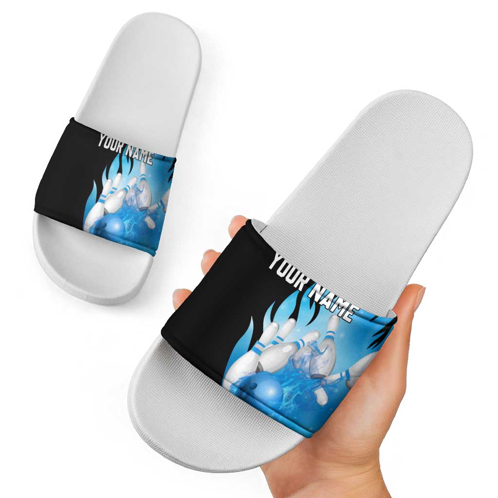 Blue Flame Bowling Ball and Pins Design Slide Sandals with Smoke Effects and Custom Team Name Text TS04
