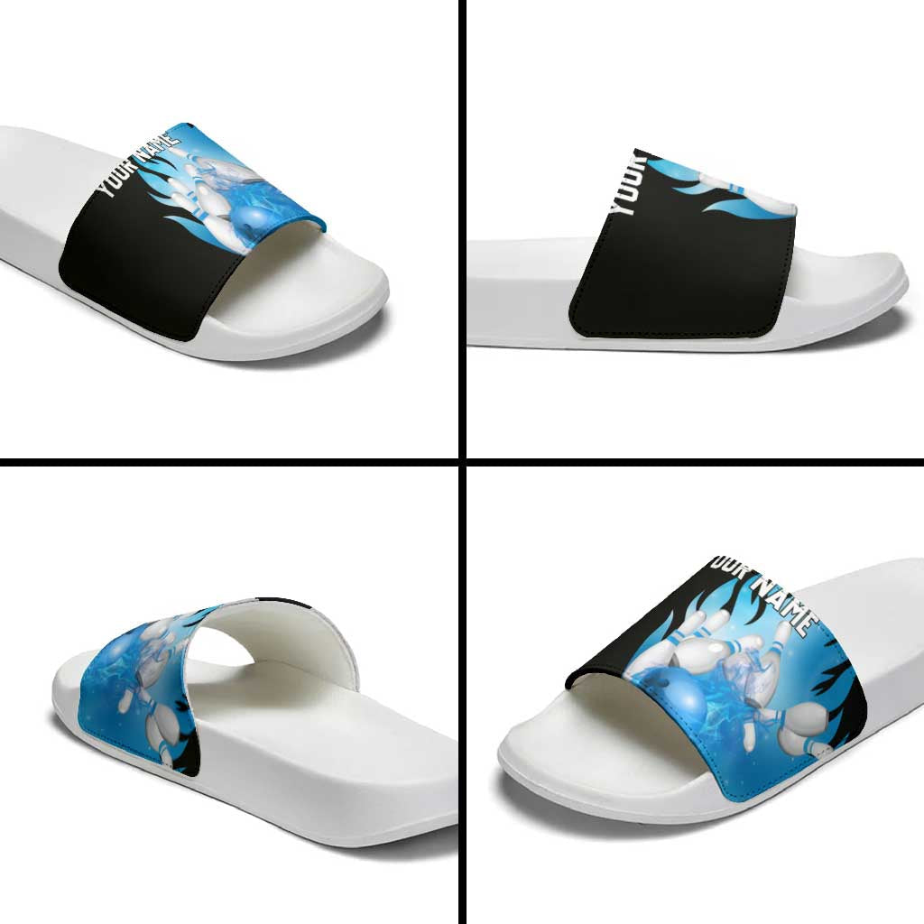 Blue Flame Bowling Ball and Pins Design Slide Sandals with Smoke Effects and Custom Team Name Text TS04