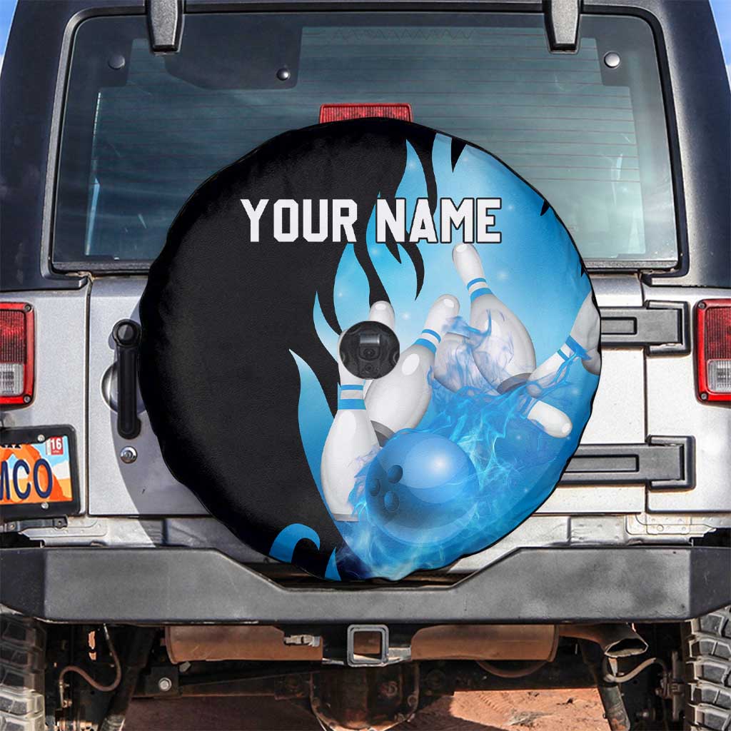 Blue Flame Bowling Ball and Pins Design Spare Tire Cover with Smoke Effects and Custom Team Name Text TS04
