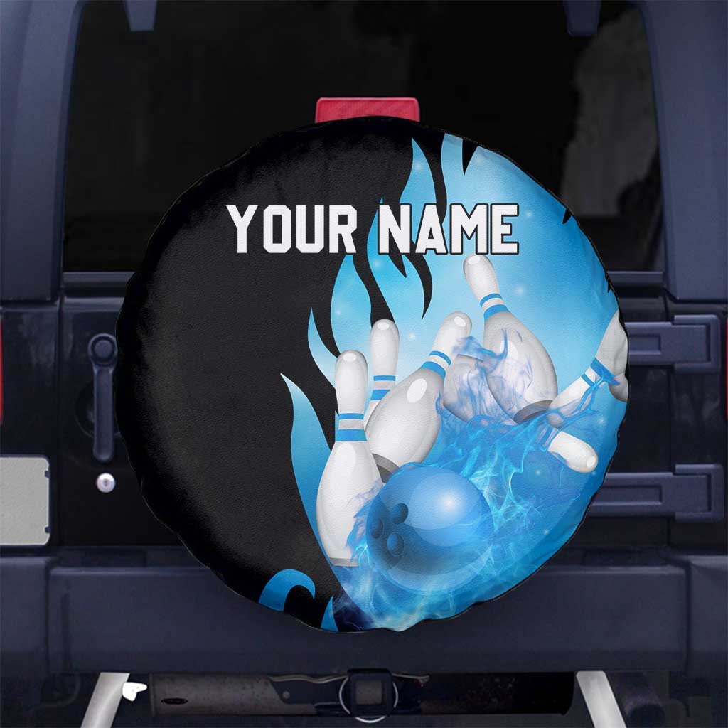 Blue Flame Bowling Ball and Pins Design Spare Tire Cover with Smoke Effects and Custom Team Name Text TS04
