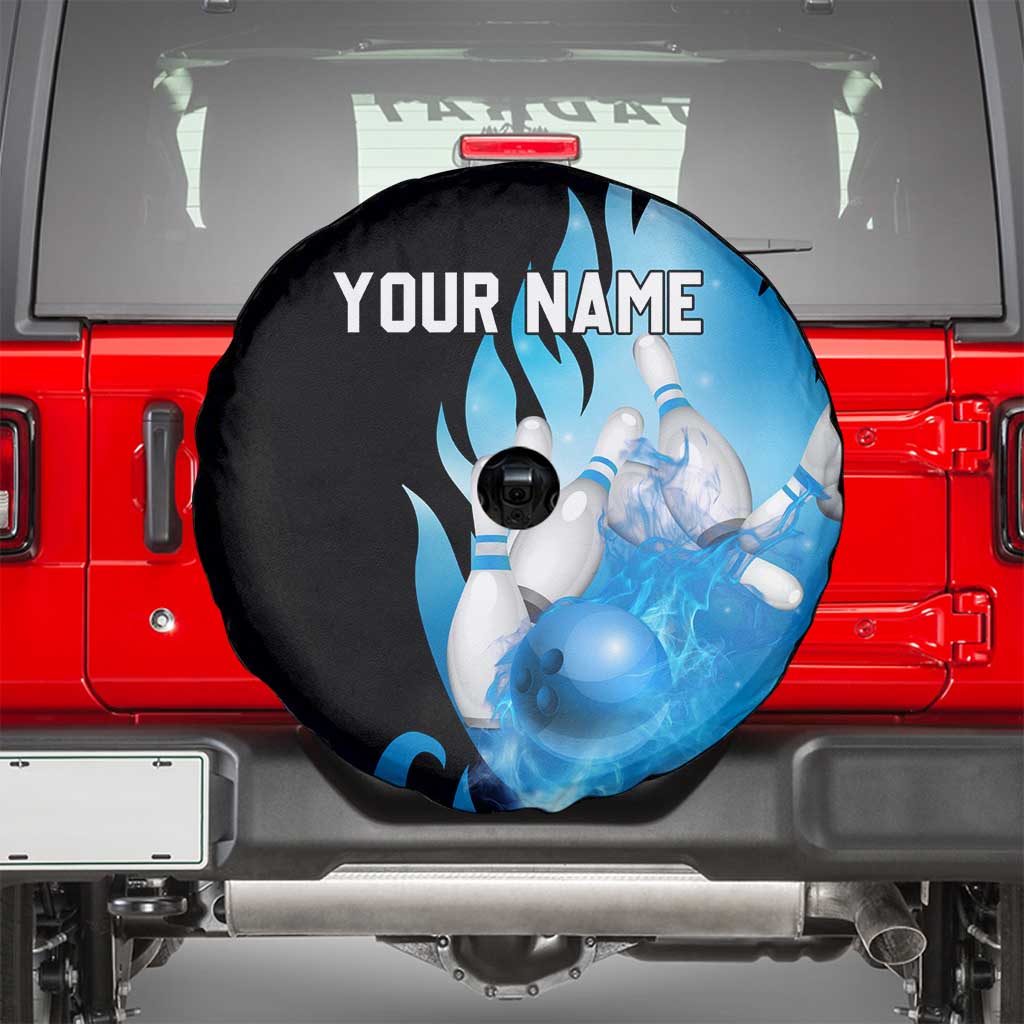 Blue Flame Bowling Ball and Pins Design Spare Tire Cover with Smoke Effects and Custom Team Name Text TS04