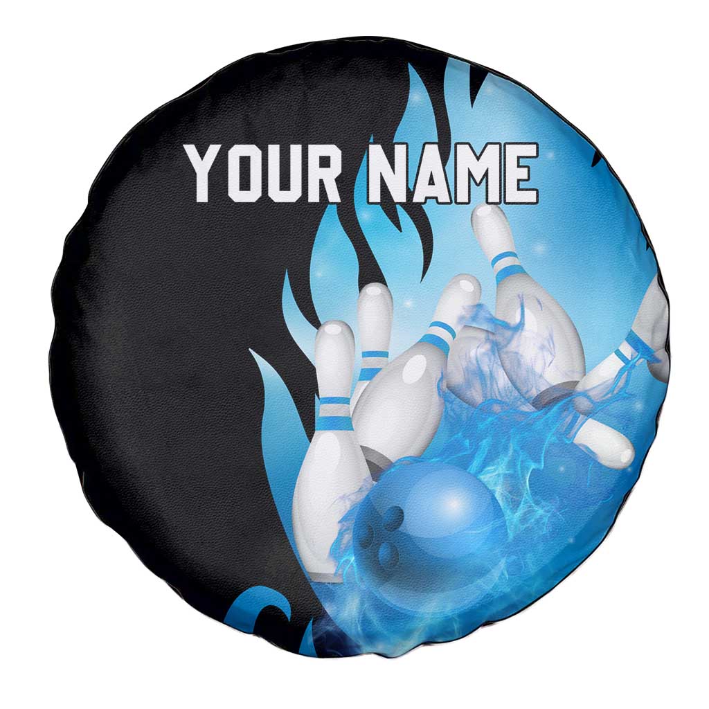 Blue Flame Bowling Ball and Pins Design Spare Tire Cover with Smoke Effects and Custom Team Name Text TS04