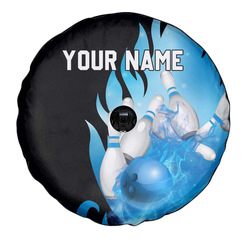 Blue Flame Bowling Ball and Pins Design Spare Tire Cover with Smoke Effects and Custom Team Name Text TS04