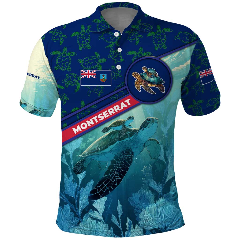 Montserrat Polo Shirt with Sea Turtle Illustration Blue Underwater Ocean Design TS04