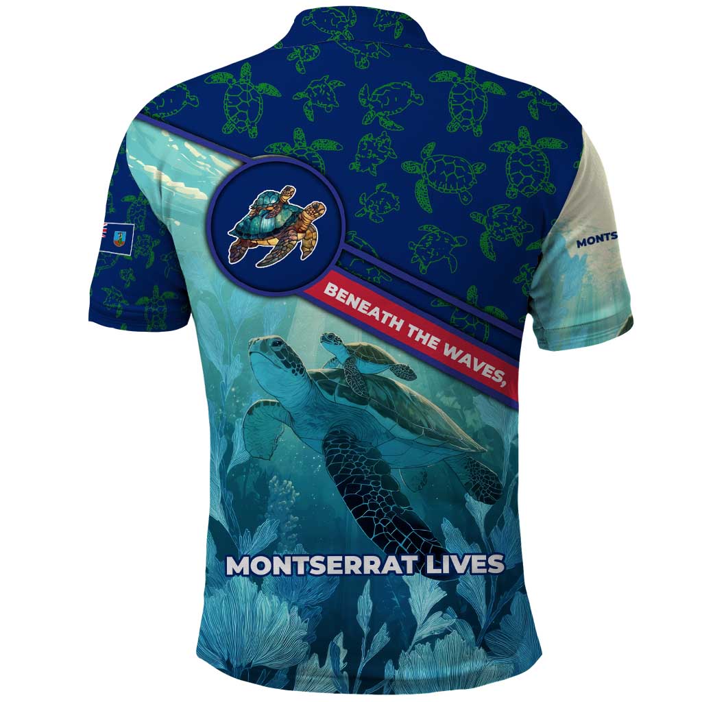 Montserrat Polo Shirt with Sea Turtle Illustration Blue Underwater Ocean Design TS04