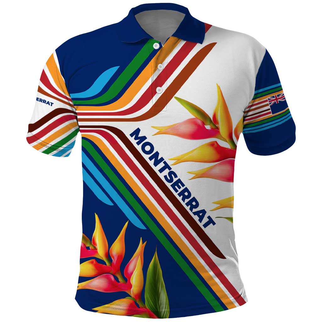 Montserrat Polo Shirt with Heliconia Flower Illustration Colorful Retro Stripe Design TS04