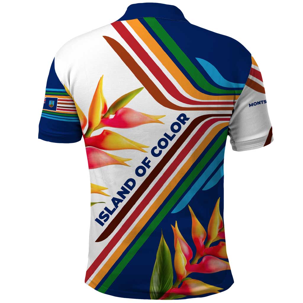 Montserrat Polo Shirt with Heliconia Flower Illustration Colorful Retro Stripe Design TS04