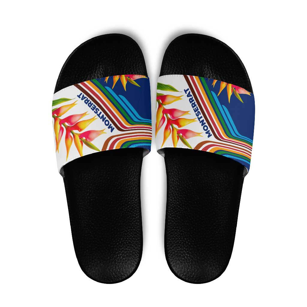 Montserrat Slide Sandals with Heliconia Flower Illustration Colorful Retro Stripe Design TS04