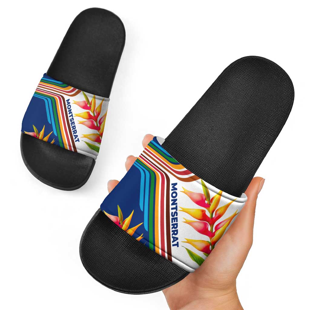 Montserrat Slide Sandals with Heliconia Flower Illustration Colorful Retro Stripe Design TS04