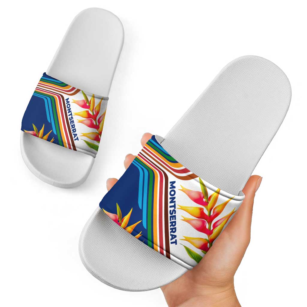 Montserrat Slide Sandals with Heliconia Flower Illustration Colorful Retro Stripe Design TS04