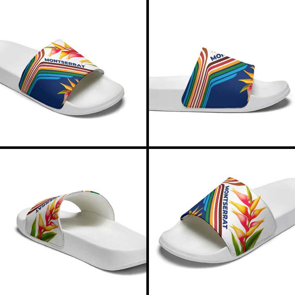 Montserrat Slide Sandals with Heliconia Flower Illustration Colorful Retro Stripe Design TS04