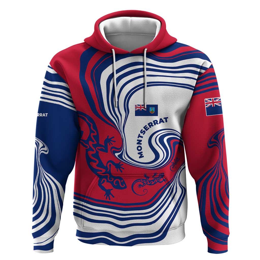 Montserrat Hoodie with Gecko Illustration Red Blue Wavy Line Design TS04