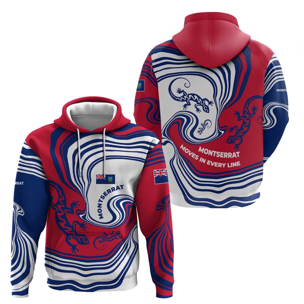 Montserrat Hoodie with Gecko Illustration Red Blue Wavy Line Design TS04