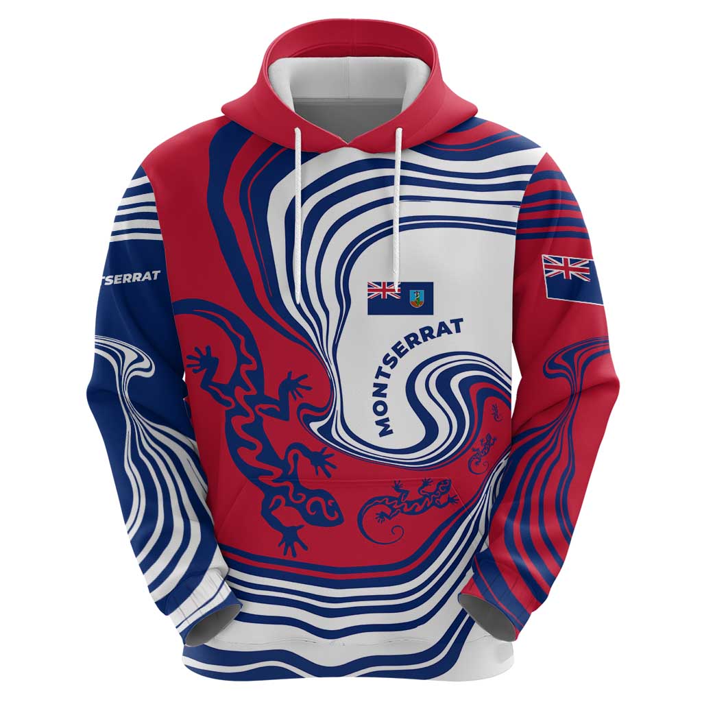 Montserrat Hoodie with Gecko Illustration Red Blue Wavy Line Design TS04