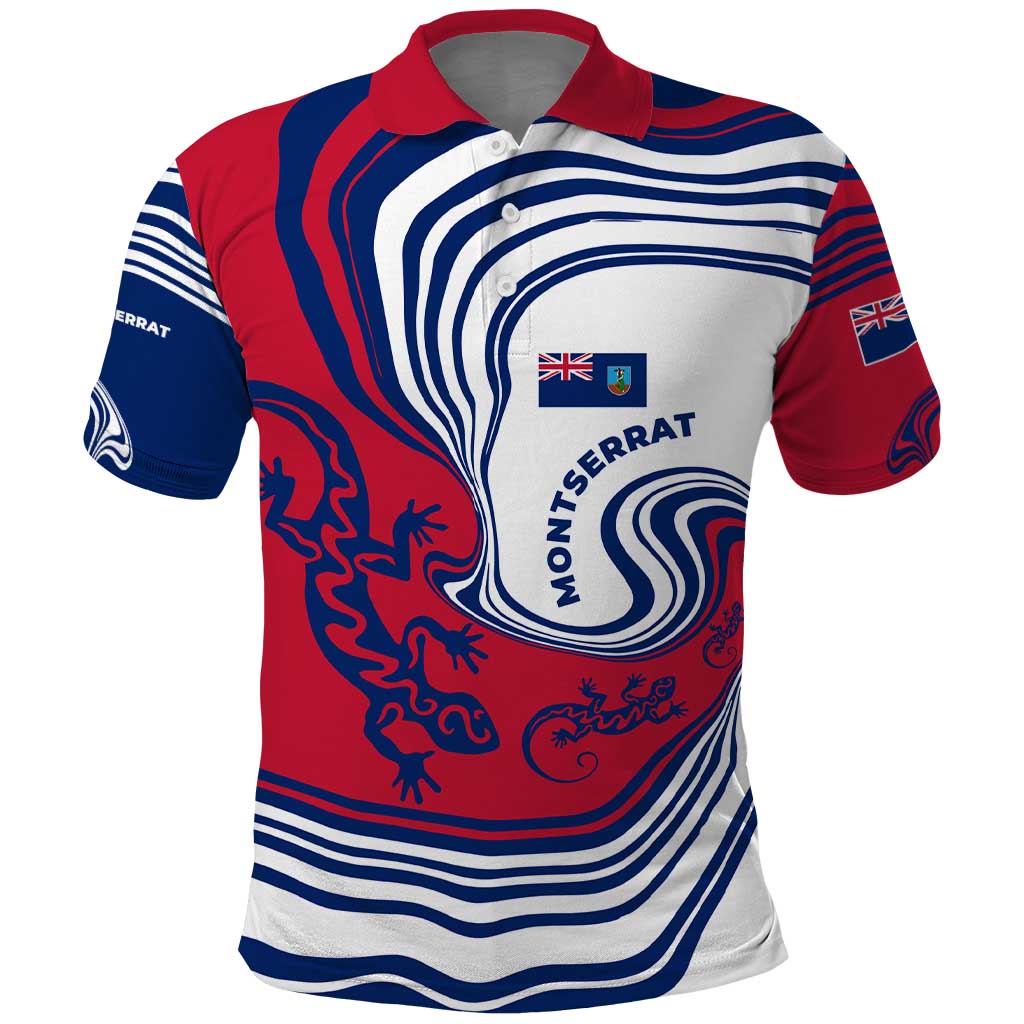 Montserrat Polo Shirt with Gecko Illustration Red Blue Wavy Line Design TS04