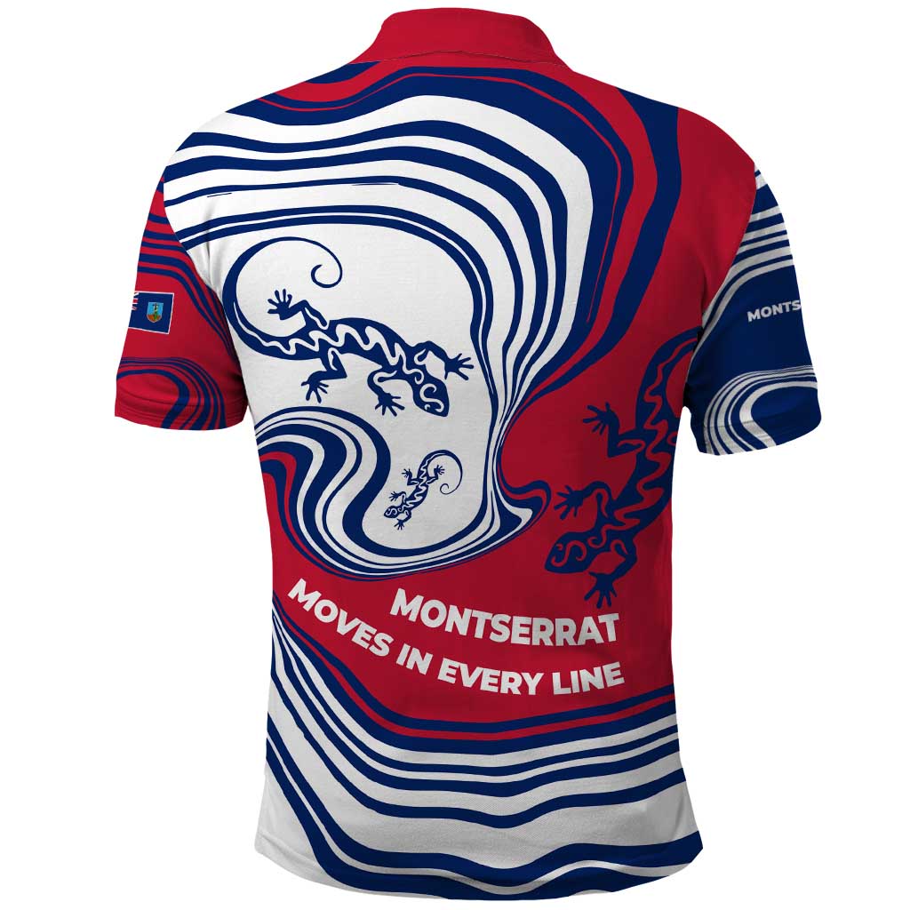 Montserrat Polo Shirt with Gecko Illustration Red Blue Wavy Line Design TS04