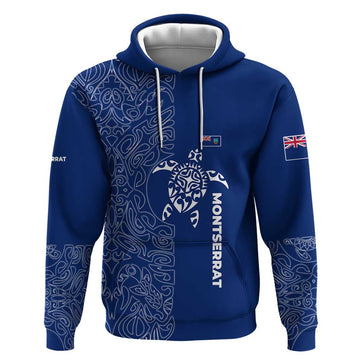 Montserrat Hoodie with Tribal Sea Turtle Illustration Blue Polynesian Pattern Design TS04