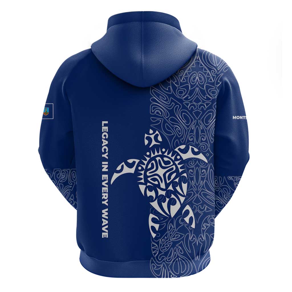 Montserrat Hoodie with Tribal Sea Turtle Illustration Blue Polynesian Pattern Design TS04