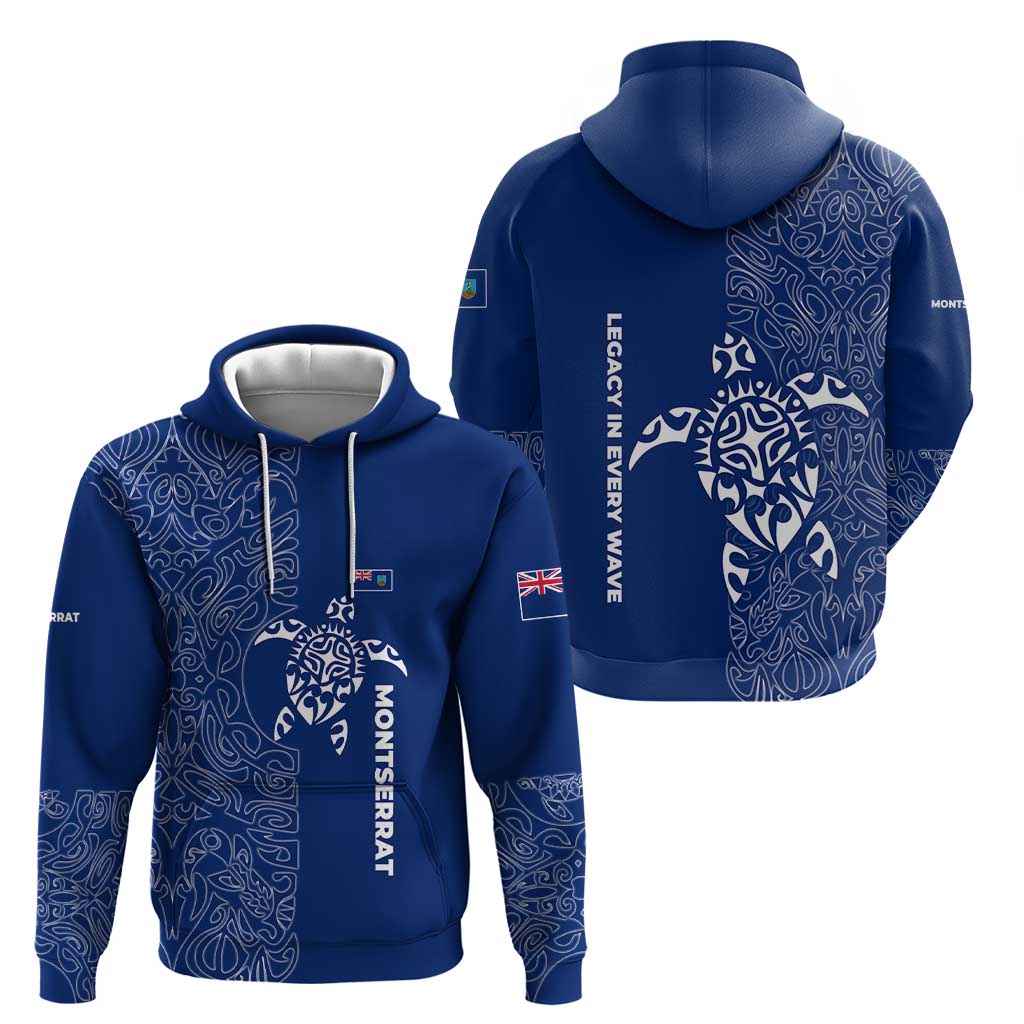Montserrat Hoodie with Tribal Sea Turtle Illustration Blue Polynesian Pattern Design TS04
