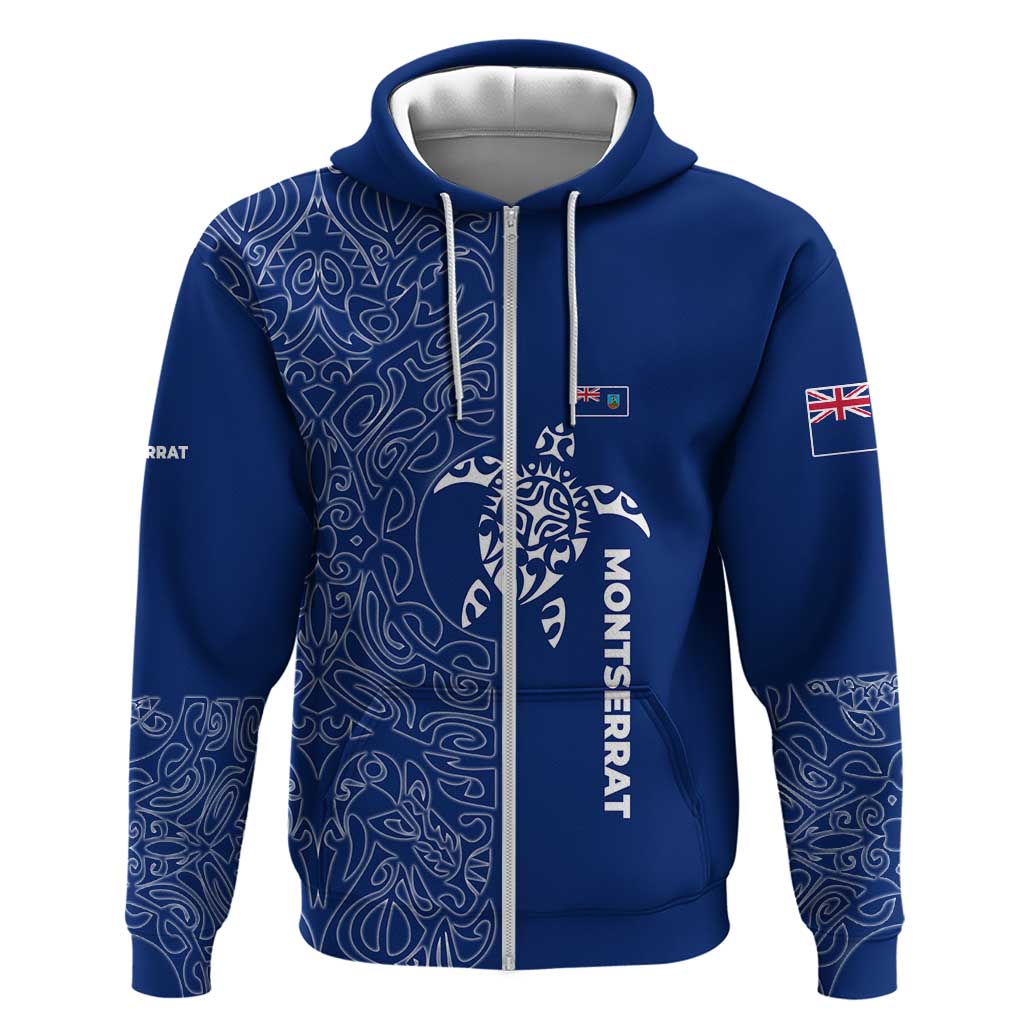 Montserrat Hoodie with Tribal Sea Turtle Illustration Blue Polynesian Pattern Design TS04